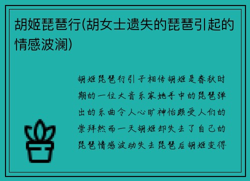 胡姬琵琶行(胡女士遗失的琵琶引起的情感波澜)